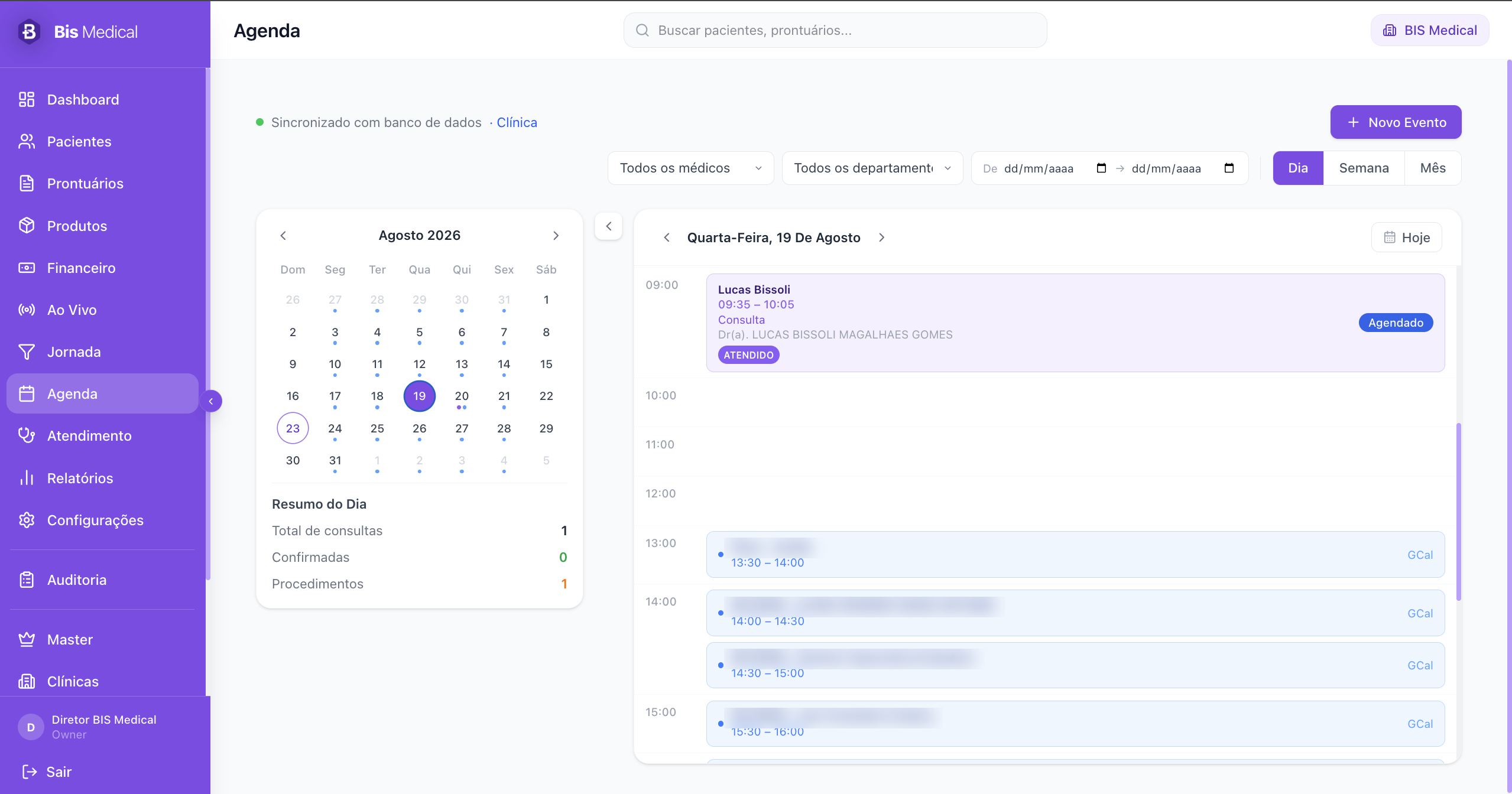 Tela da agenda do BIS Medical