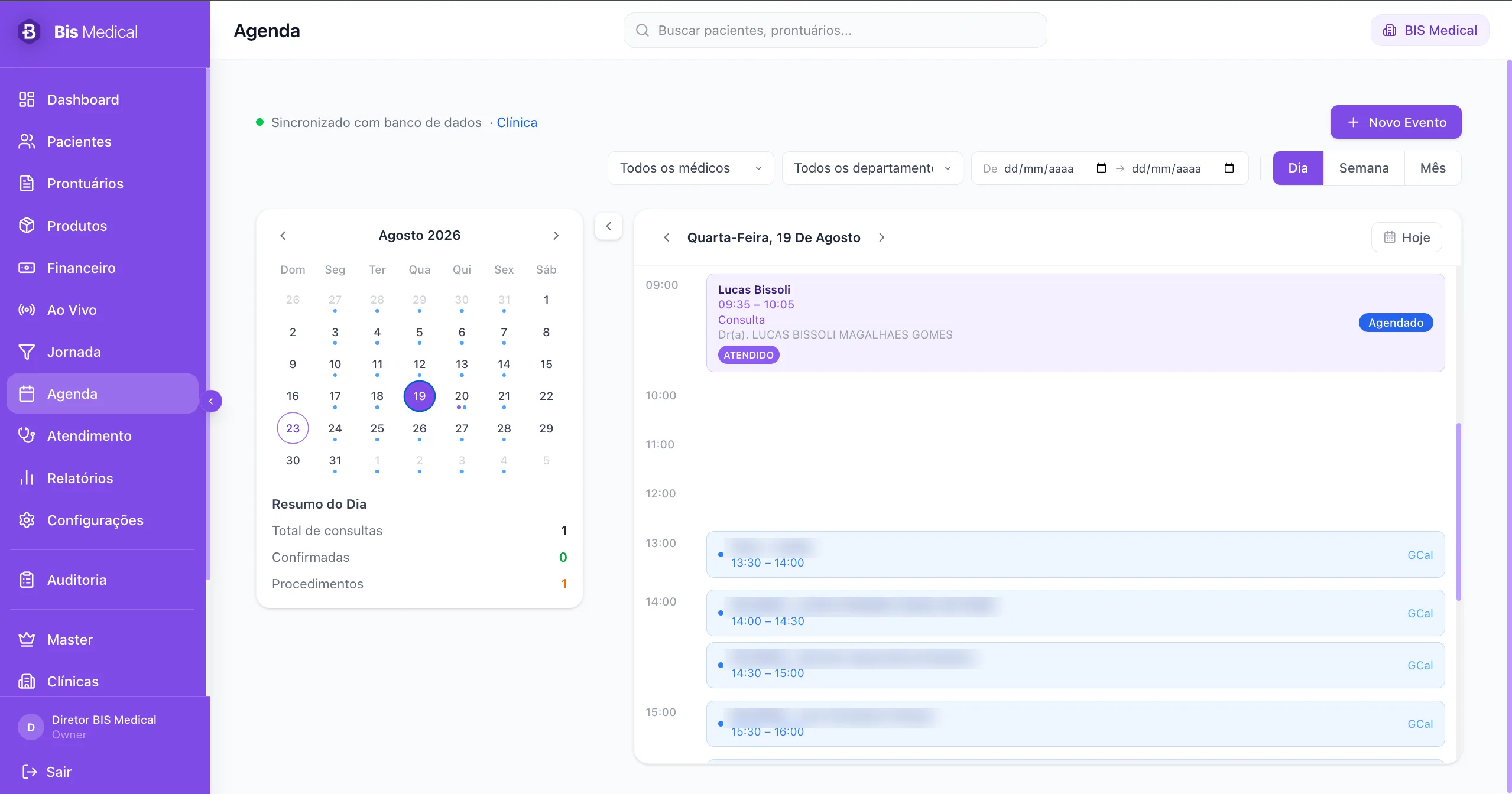 Agenda do BIS Medical em visão diária, sincronizada com o Google Agenda