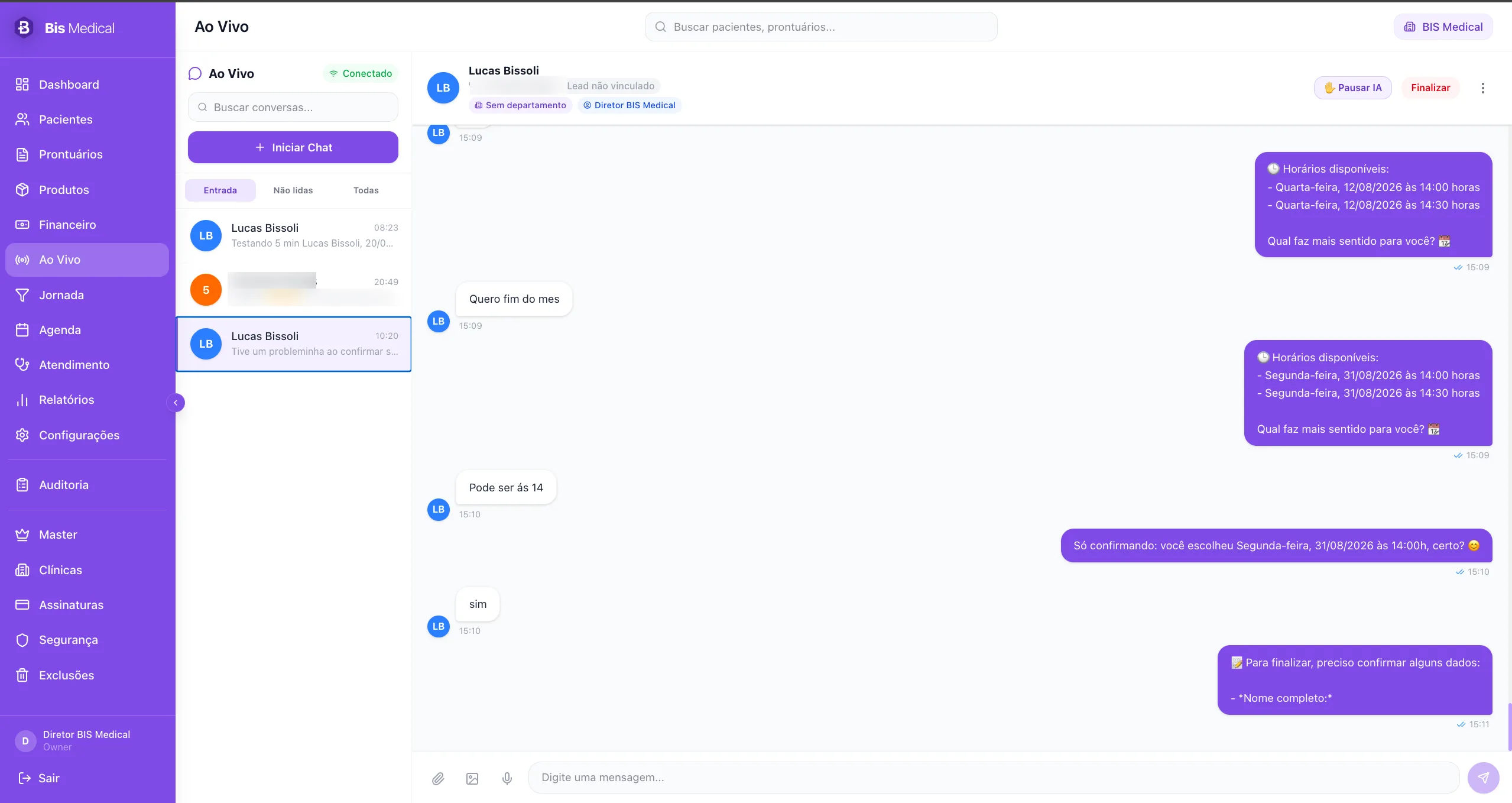 Central de WhatsApp Ao Vivo do BIS Medical com atendimento em equipe
