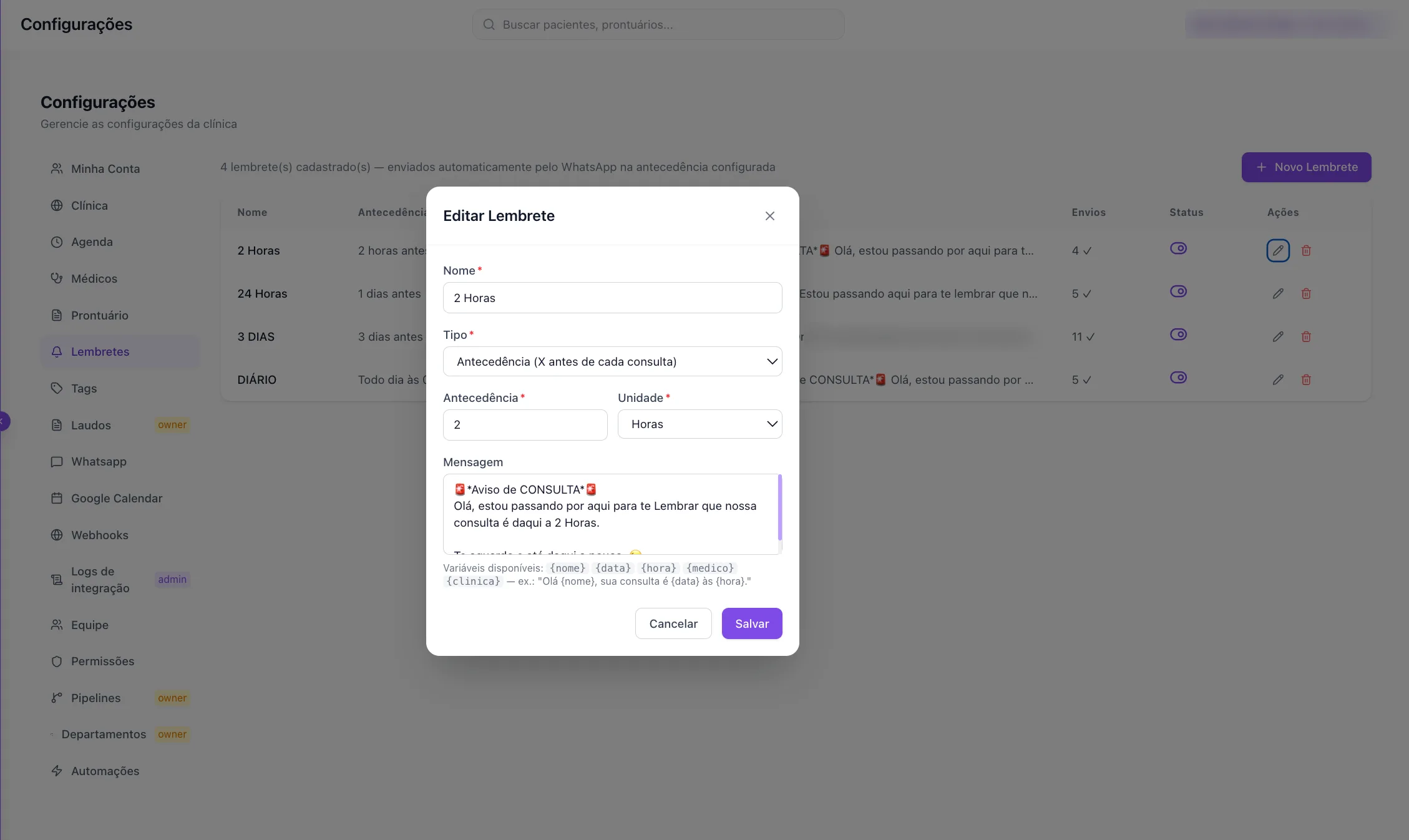 Lembretes automáticos de consulta no WhatsApp: antecedência configurável e mensagens personalizadas